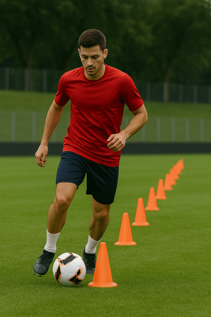 Joueur de football dribblant entre des plots d’entraînement