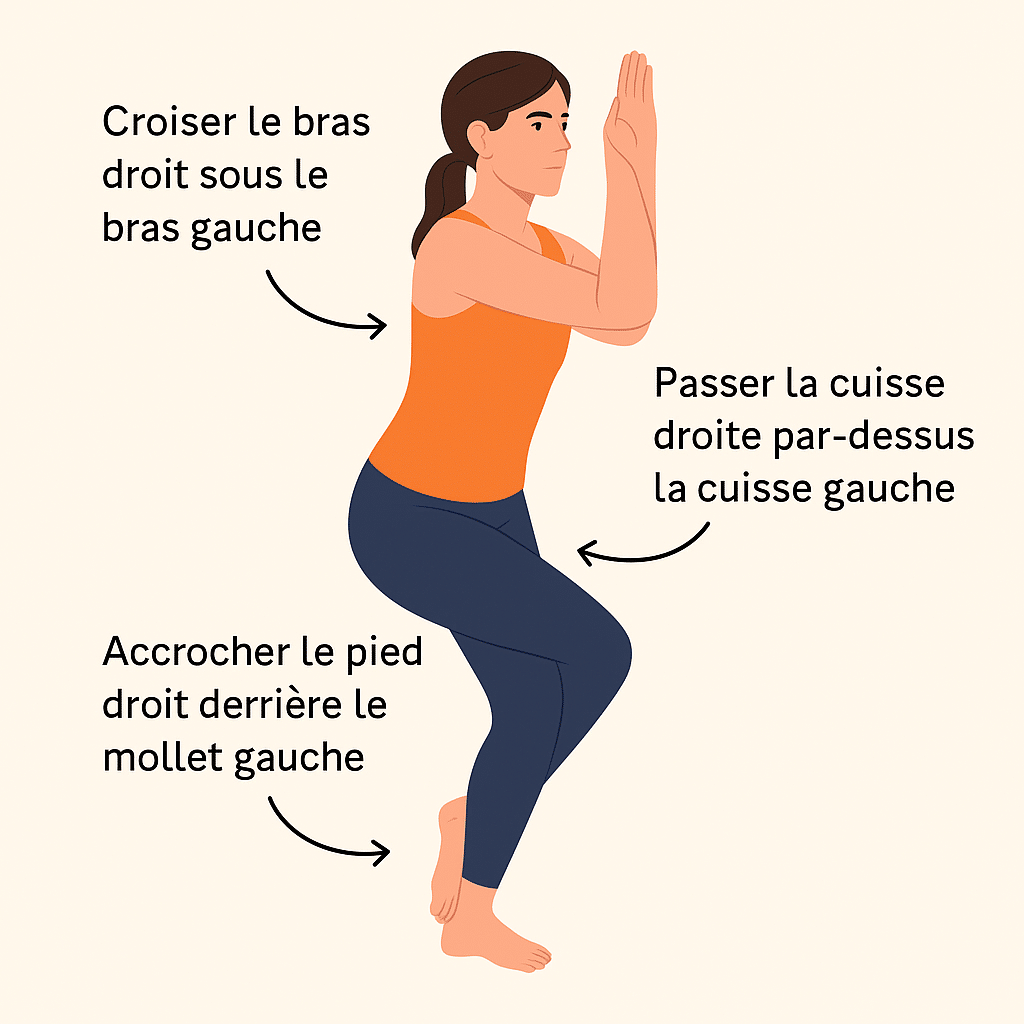 Illustration en français des étapes de la posture de l’aigle