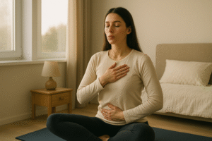  Femme faisant un exercice de respiration matinal assise sur un tapis de yoga dans une chambre