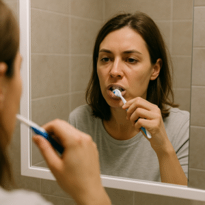 Femme se brossant les dents devant un miroir le soir