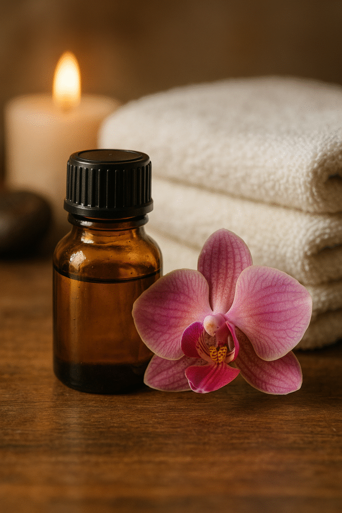 Bouteille d’huile essentielle avec fleur et serviettes spa