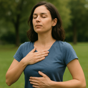 Femme pratiquant la respiration profonde en plein air, sereine