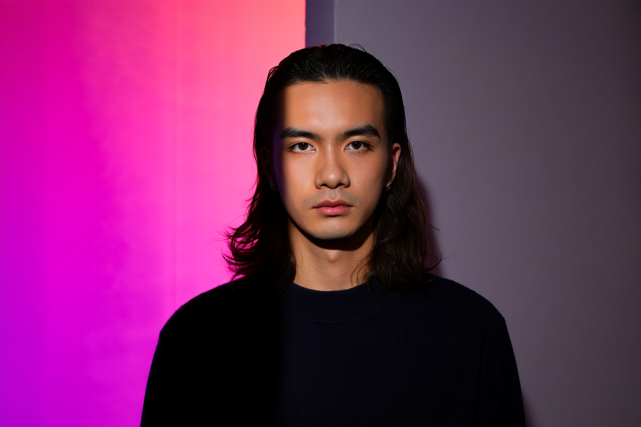 Portrait d’une personne bipolaire aux cheveux longs, vêtue de noir, éclairée par une lumière colorée rose et violette sur fond sombre.