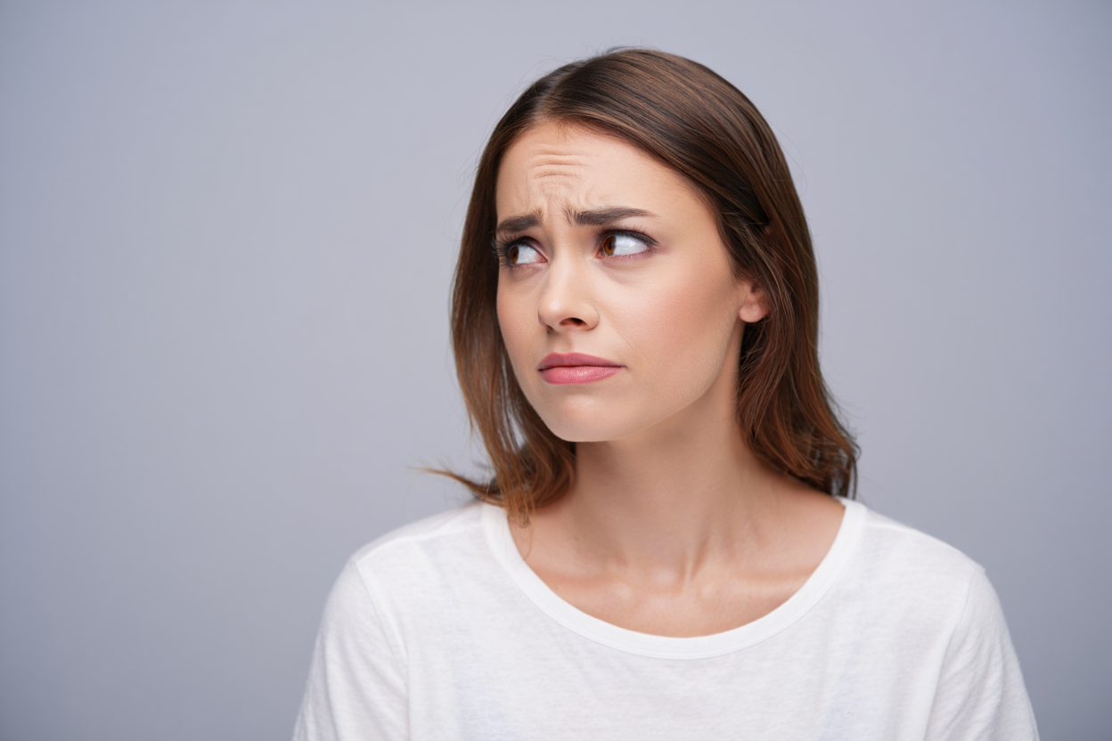 Femme au regard interrogatif en chemise blanche.