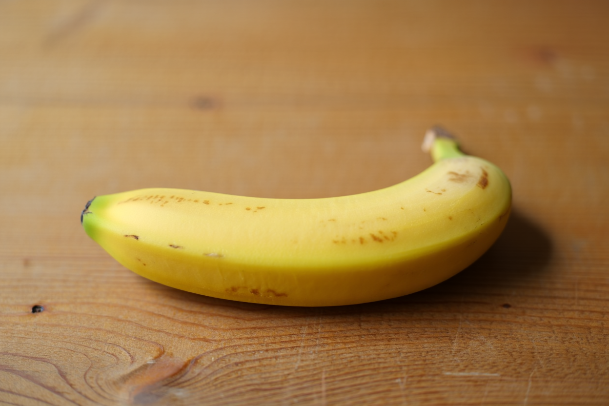 Banane fraîche posée sur une table en bois.