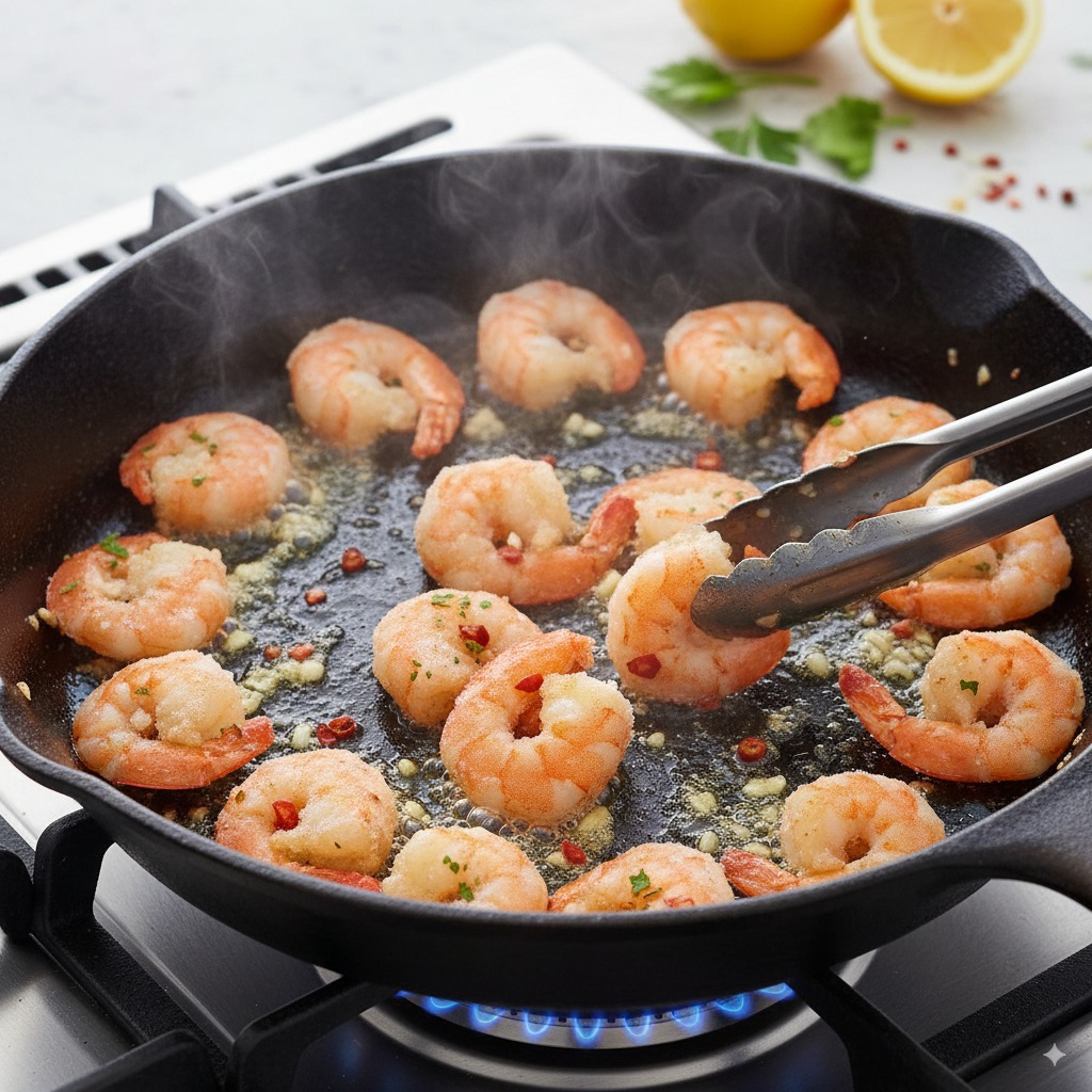 Gambas congelées en train de cuire dans une poêle chaude.