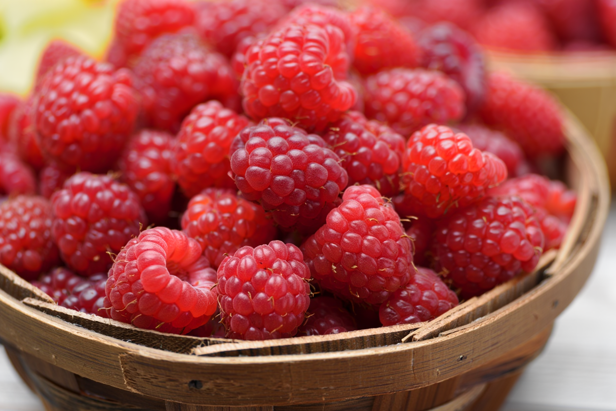 Panier rempli de framboises fraîches.
