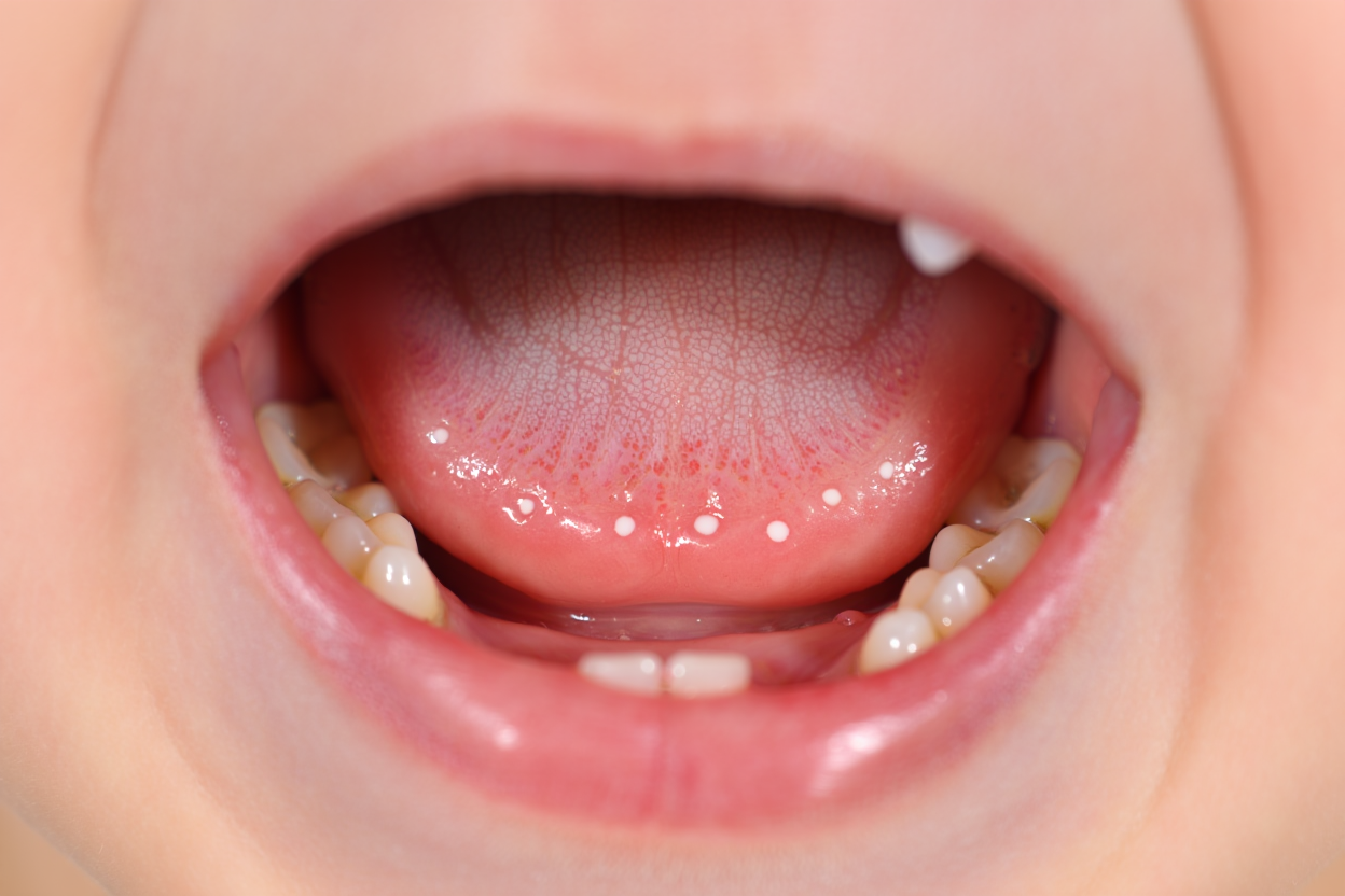 Points blancs sur les gencives de bébé.