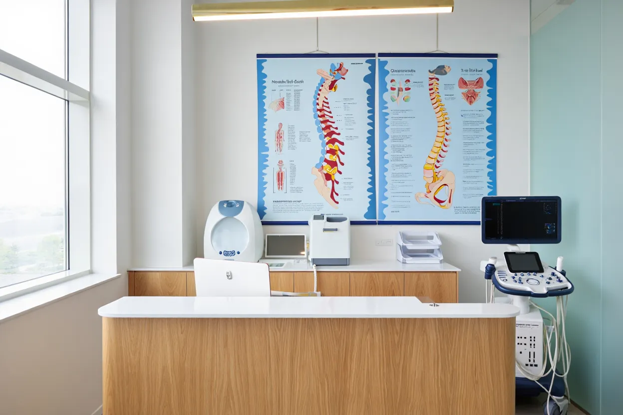 Salle médicale avec affiches sur le taux d’invalidité discopathie dégénérative.