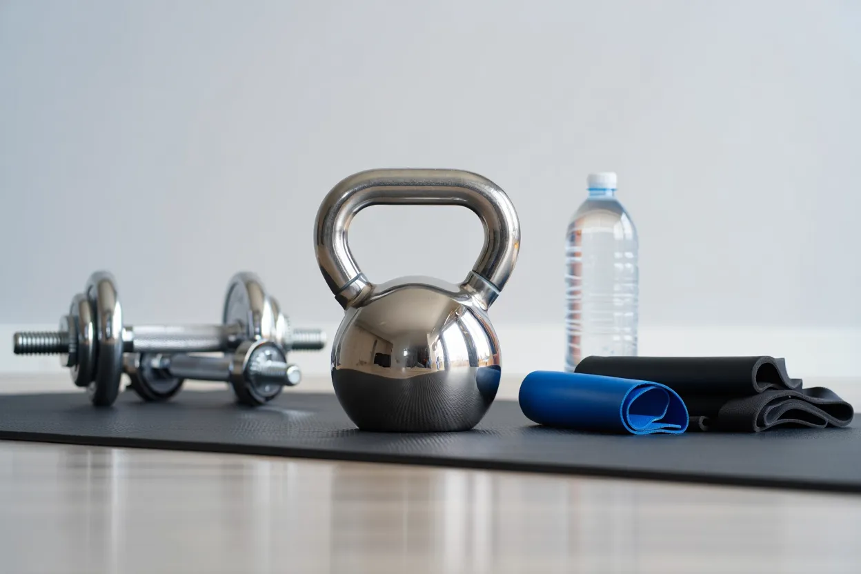 Accessoires fitness avec kettle squat et haltère.