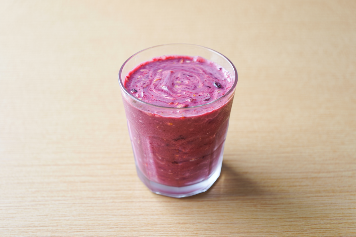 Smoothie avec fruit congelé servi dans un verre.