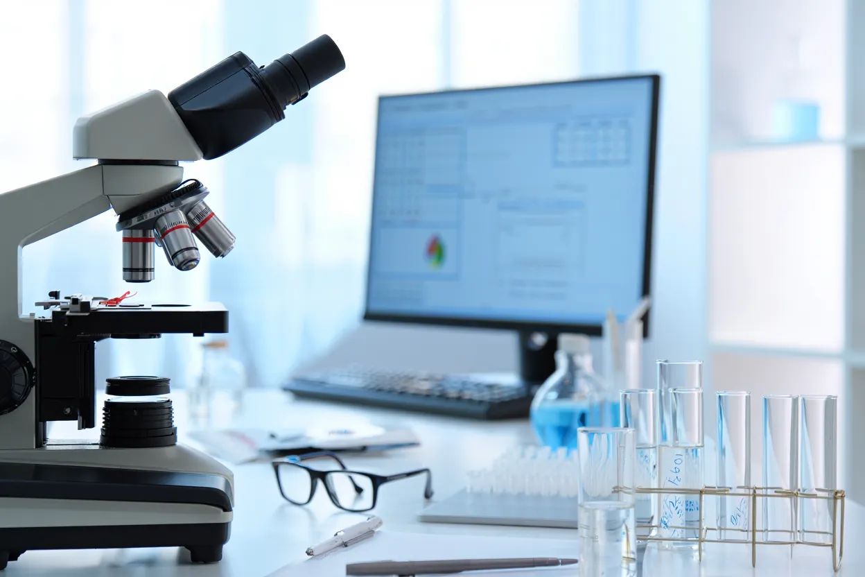 Laboratoire médical avec microscope, illustrant la recherche sur l’achéiropodie.