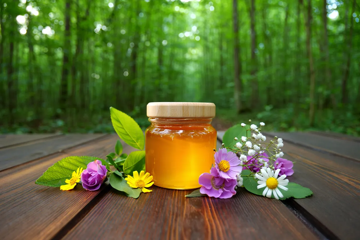 Pot de miel et fleurs colorées en forêt sur table en bois.