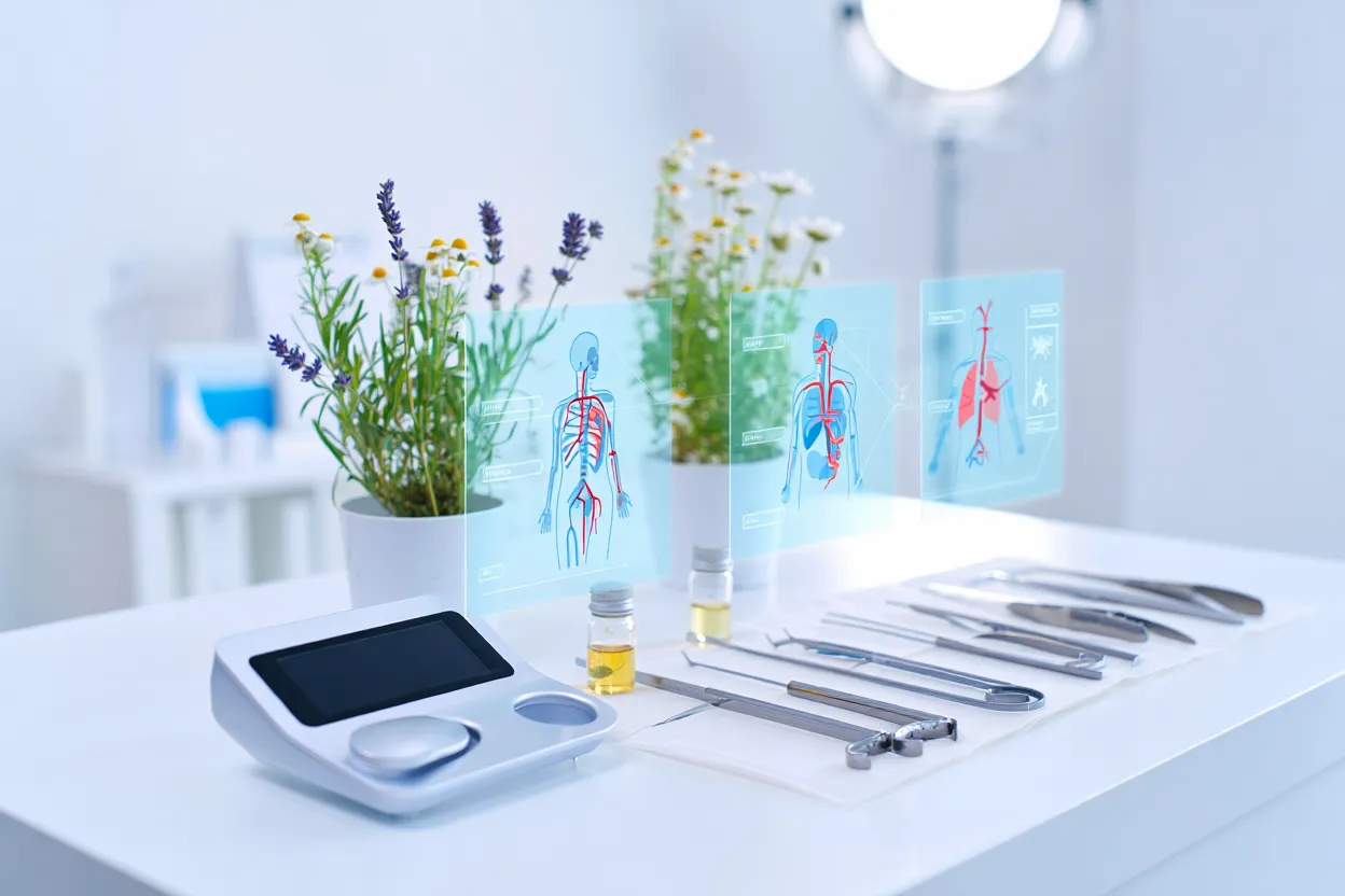 Table médicale avec outils et hologrammes.