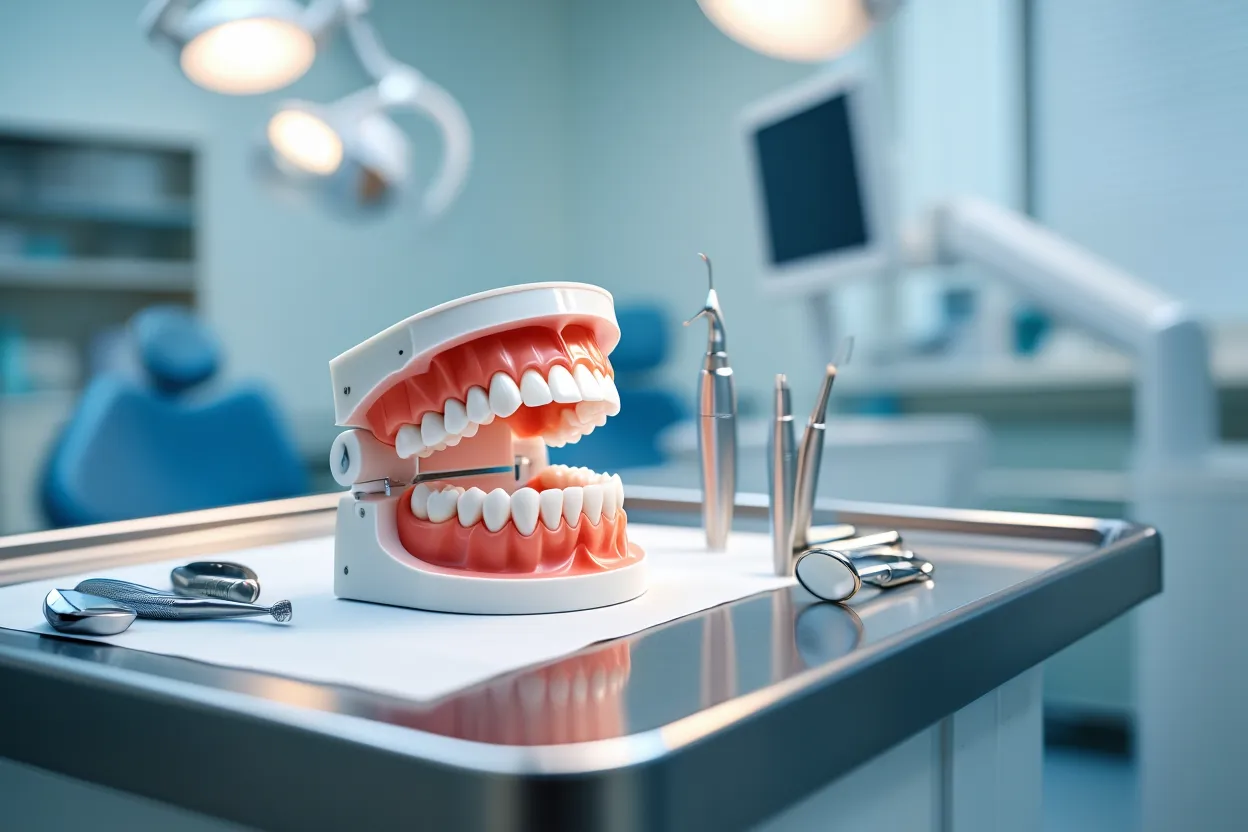 Modèle dentaire avec numéros des dents et instruments.