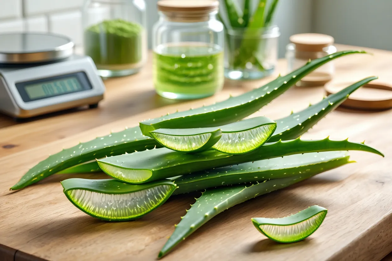Feuilles d’aloe vera fraîches coupées avec gel.