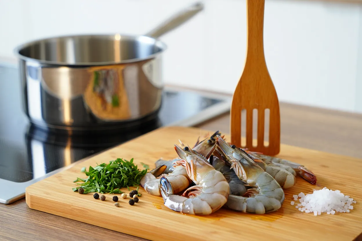 Des crevettes crue sur un plateau en bois.